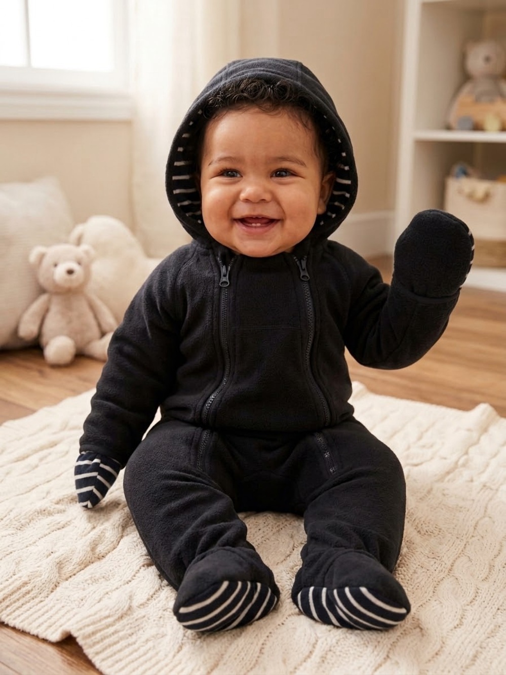 Polarn O. Pyret Navy Hooded Fleece One-Piece with Striped Lining